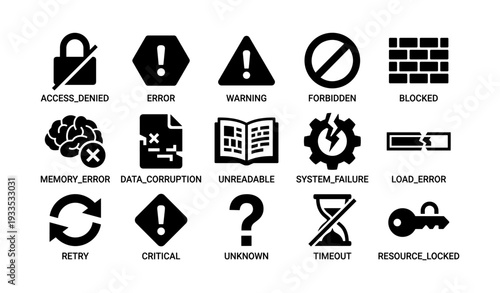 Access and error icons: security, system, warning, memory, data issues