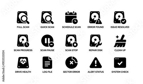 Computer scan and repair icons: disk error, system check, drive health, repair disk, clean up