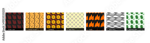 High resolution seamless patterns with bold geometric and organic designs. Vibrant, tileable backgrounds ideal for fabric printing, textile production, wallpaper, packaging, wrapping paper, scrapbook