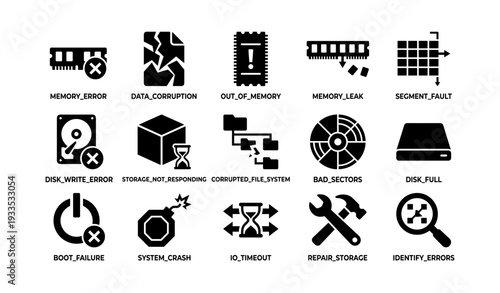 Computer error icons: memory, storage, system failures, data issues, repair symbols
