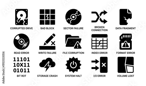 Icons of computer errors and failures: corrupted drive, bad block, sector failure