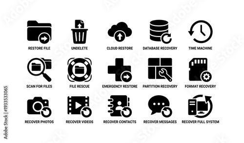 Data recovery icons set: restore, backup, emergency, format, recovery