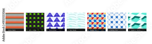 High resolution seamless patterns with bold geometric and organic designs. Vibrant, tileable backgrounds ideal for fabric printing, textile production, wallpaper, packaging, wrapping paper, scrapbook