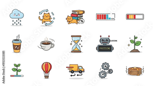 Collection of Various Cartoon Icons and Symbols.