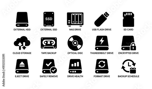 Storage icons: external drives, cloud, backup, formatting, usb, hdd, ssd