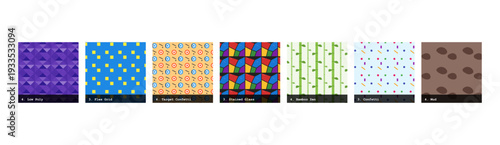 High resolution seamless patterns with bold geometric and organic designs. Vibrant, tileable backgrounds ideal for fabric printing, textile production, wallpaper, packaging, wrapping paper, scrapbook