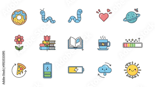 Collection of Various Cartoon Style Icons.