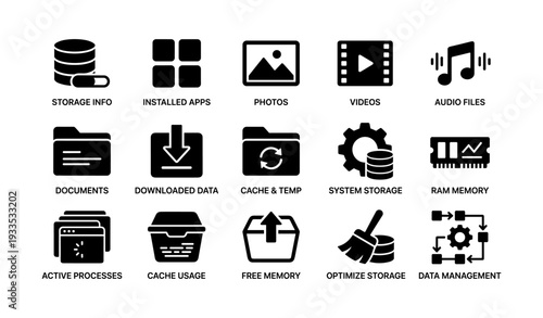 Data management icons: storage, apps, media, files, optimization