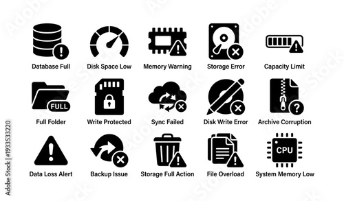 Computer error icons with warnings for disk, memory, and file issues