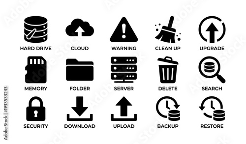 Data management icon set: hard drive, cloud, and more for secure storage solutions