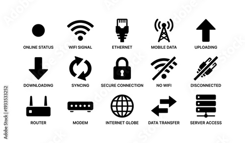 Internet symbols: wifi ethernet mobile data upload download sync security