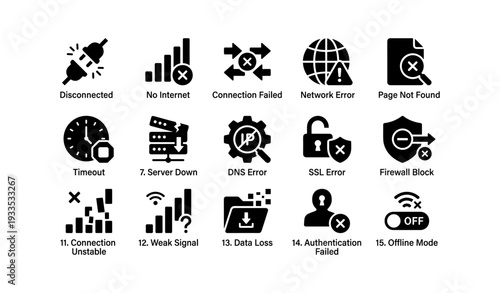 Network and connection error icons with symbols and warnings