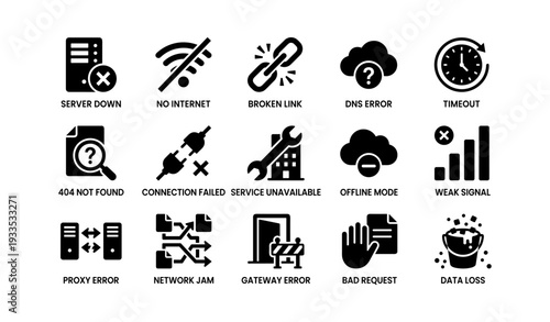 Network issues icons: server down, no internet, broken link, dns error, timeout
