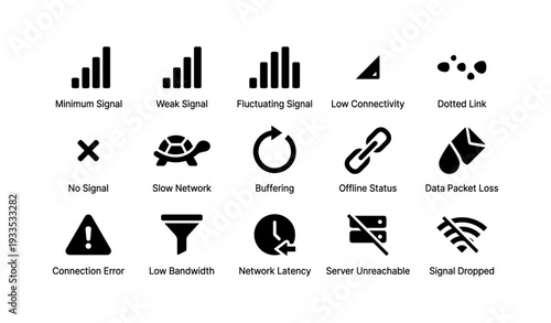Network issues icons: connectivity, signal, error, offline, slow