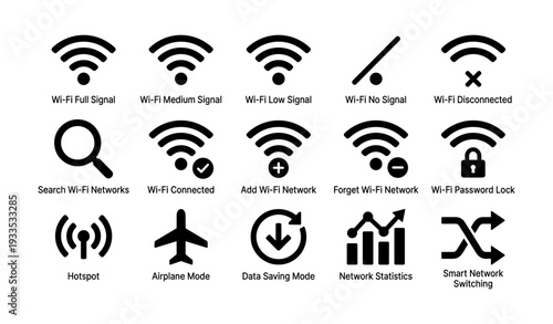 Wi-fi signal icons: connectivity, airplane, data saving, security, network status