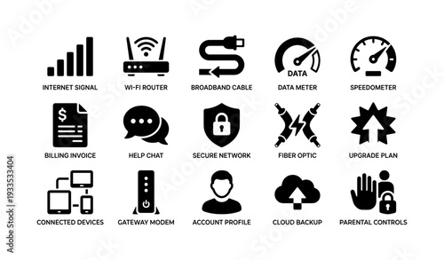Technology icons: wi-fi router, speedometer, help chat, secure network, data