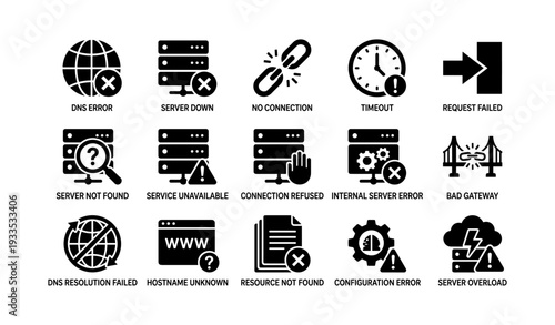 Network error icons: dns, server, connection, timeout, gateway
