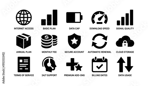 Internet service icons: plan, speed, secure access, cloud, support