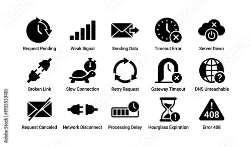 Internet and network connection error icons including timeout and server down issues