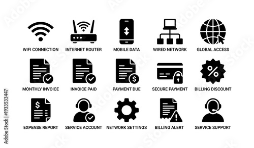 Digital communication and billing icons set for network management and financial services