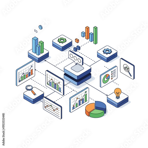 Isometric illustration of data analysis and business intelligence, showcasing charts, graphs, and technological elements connected in a network.