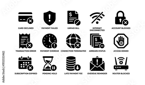 Icons depicting payment and connection issues with symbols of errors and alerts