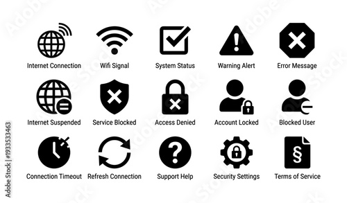 Internet connection icons: system status, wifi signal, security settings, and warning alerts