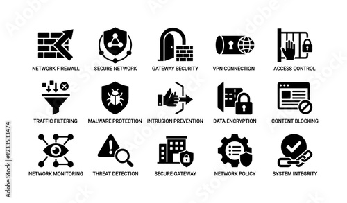 Collection of security icons representing network firewall, vpn connection, and data encryption