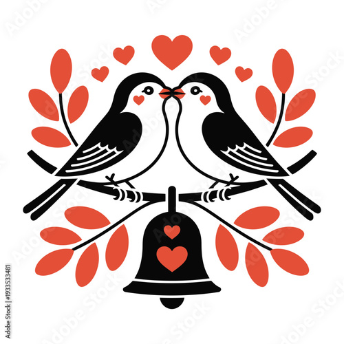 Two birds on a branch with hearts and a bell, symbolizing love and union.