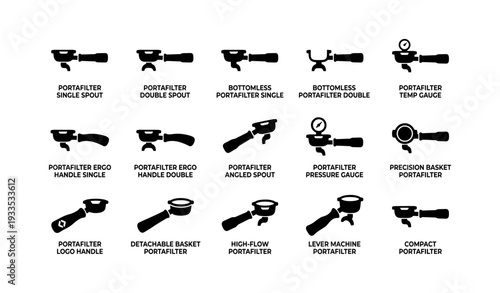 Various espresso portafilter types and accessories
