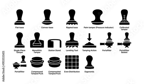 Various coffee tamper types and their functions illustrated