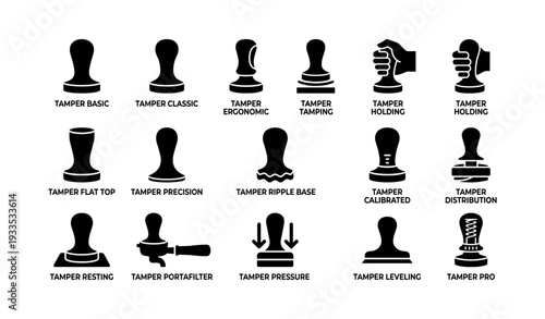 Different types of coffee tampers for espresso making with various designs and functions