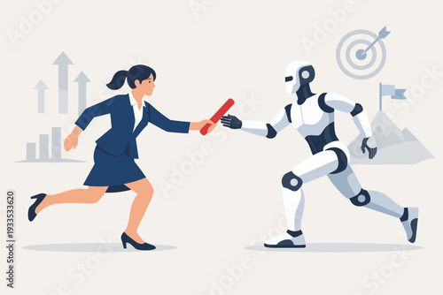 Businesswoman passing a relay baton to a humanoid robot, representing human-AI collaboration, automation, and partnership for business success, efficiency, and future of work innovation.