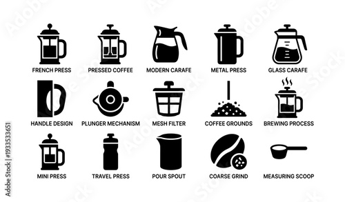 Coffee brewing tools and methods: press, carafe, grinder, scoop, design