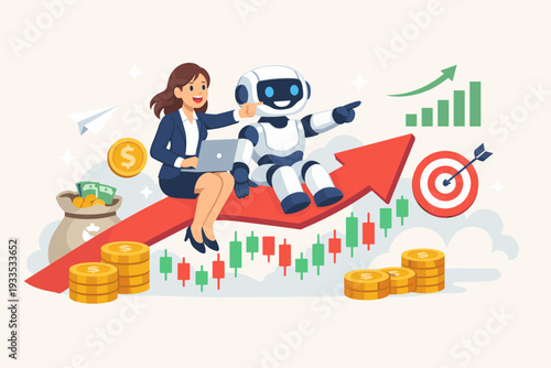 Businesswoman and robot sitting on a rising arrow pointing to financial growth and stock market success, artificial intelligence helping with investment strategy, trading automation and profit.