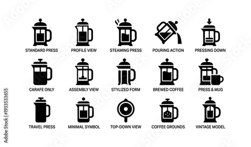 Variety of french press coffee makers and brewing techniques illustrated in icons