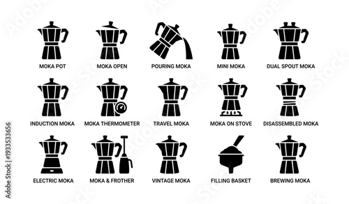 Variety of moka pot designs and accessories for coffee enthusiasts