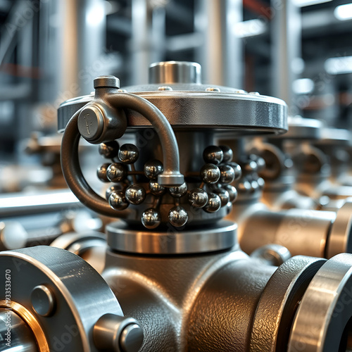 discontinuous. Metal nodules on industrial pipe valves reflecting light, metallic texture detail. safety posters, maintenance manuals, designed for industrial assembly lines and welding operations.