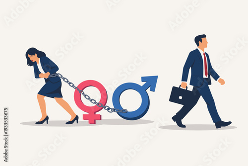 Business gender inequality vector concept of a businesswoman struggling to drag a heavy chain attached to gender symbols while a businessman walks away effortlessly with his briefcase in hand.