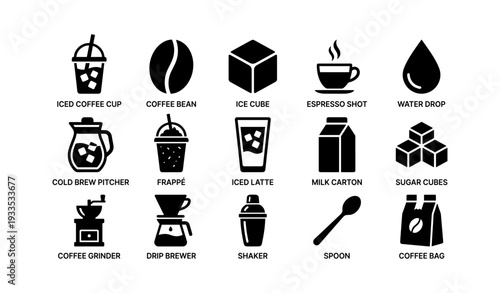 Coffee icons: iced coffee, espresso, milk carton, sugar cubes, coffee grinder