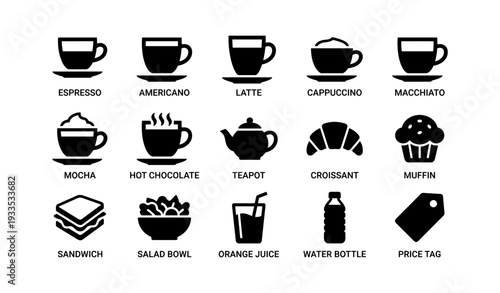 Coffee, tea, and snack icons: cups, teapot, croissant, muffin, sandwich, more