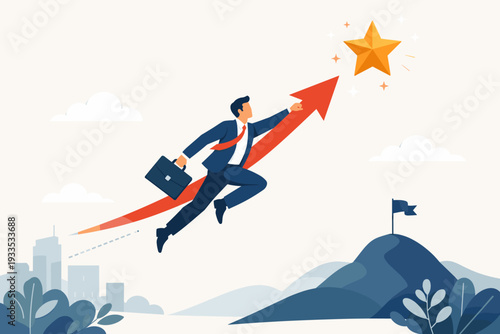 Business success concept with ambitious businessman flying on a rising red arrow towards a golden star, symbolizing achievement, career growth, motivation, and reaching high corporate goals.