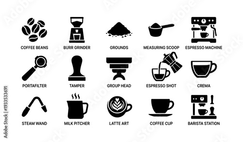 Coffee equipment icons: beans, grinder, espresso, latte art, barista tools