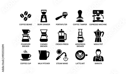 Essential coffee brewing tools and accessories: grinder, tamper, espresso, drip, milk frother icons