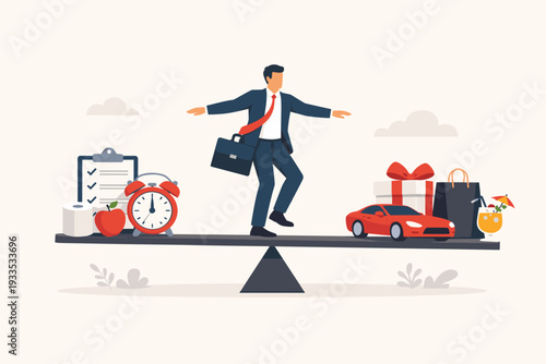 Businessman Balancing on Seesaw Between Needs and Wants. Concept of Financial Planning, Budgeting, and Life Balance with Basic Necessities versus Luxury Items like a Car, Gifts, and Leisure Time.