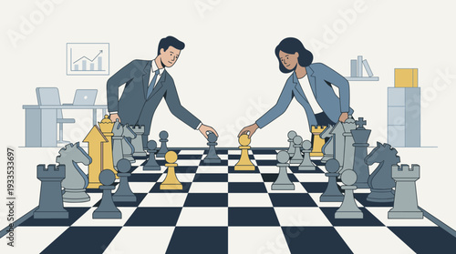 Businessman and Businesswoman Playing Chess on a Giant Chessboard, Representing Strategic Planning, Corporate Competition, Leadership, and Smart Decision Making in a Modern Office Environment.