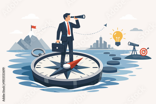 Businessman standing on a large compass boat looking through a telescope, representing career path, business direction, leadership, strategic vision, goal achievement, and path to success.