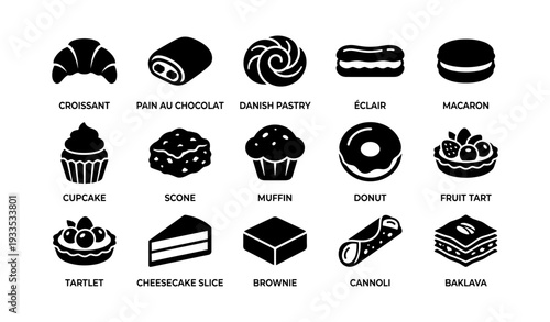 Assorted pastry icons: croissant, danish, éclair, and more delightful treats