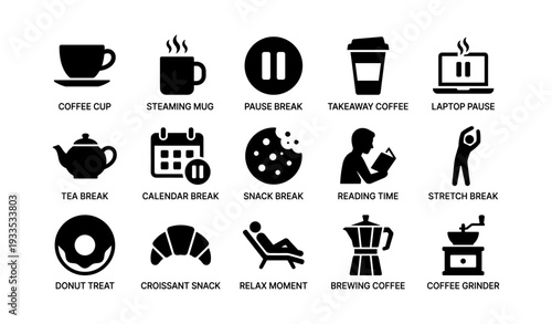 Coffee break icons collection: relax, snack, and refresh work routine