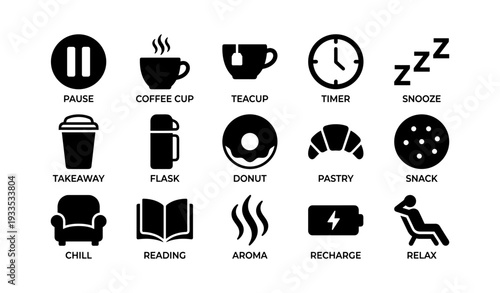 Coffee break icons: beverage, snack, and relaxation symbols in black